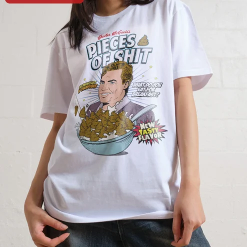 Close-up of Pieces of Shit Donald Trump Cereal Parody Graphic Tee Funny Political Satire Shirt for Men Women for streetwear fans in Chicago, Illinois