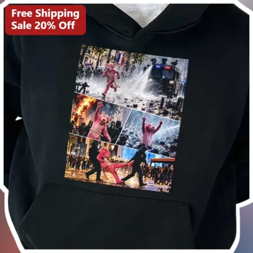 Pink Bear Costume Protest Collage Hoodie Portland Operation Inflation Graphic Sweatshirt