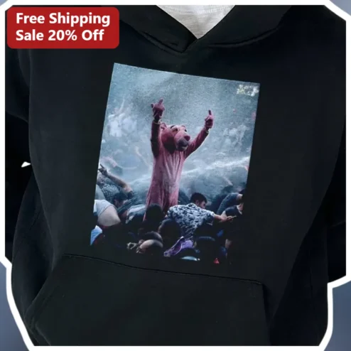 Pink Bear Mascot Concert Crowd Hoodie Black Graphic Pullover for Festival Fans