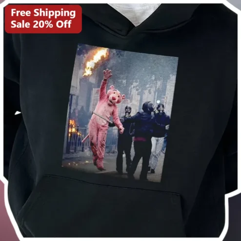 Pink Panther Meme Hoodie Surreal Riot Gear Streetwear Pullover for Men Women