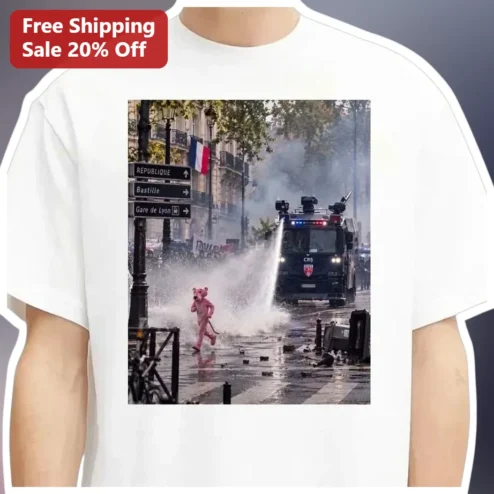 Pink Panther Tee Vintage Cartoon Character Graphic Shirt Funny Paris Street Scene Design