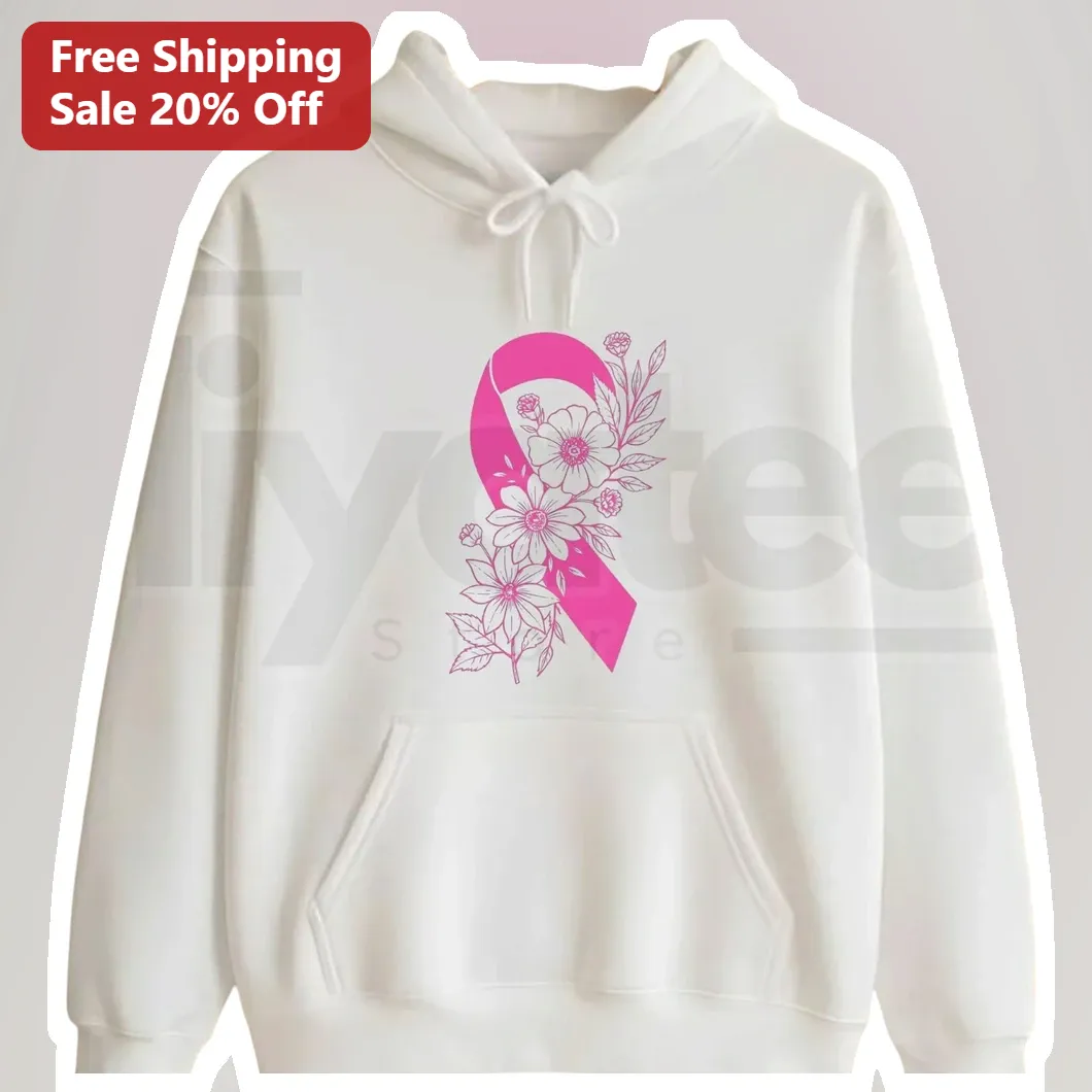 Pink Ribbon Floral Awareness Hoodie Breast Cancer Survivor Gift October Support Pullover
