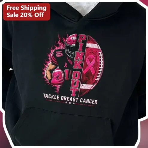 Pinkout Tackle Breast Cancer Awareness Hoodie Football Pink Ribbon Support Gift
