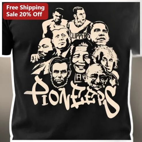 Pioneers Tee Vintage Historical Icons Collage Abraham Lincoln Einstein MLK JFK Obama Muhammad Ali LeBron James Gandhi Graphic Shirt