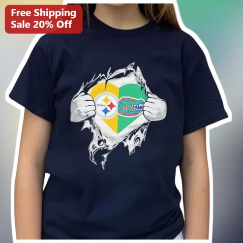Steelers Florida Gators Split Heart Graphic Tee NFL College Football Fan Gift available at our Chicago, Illinois warehouse