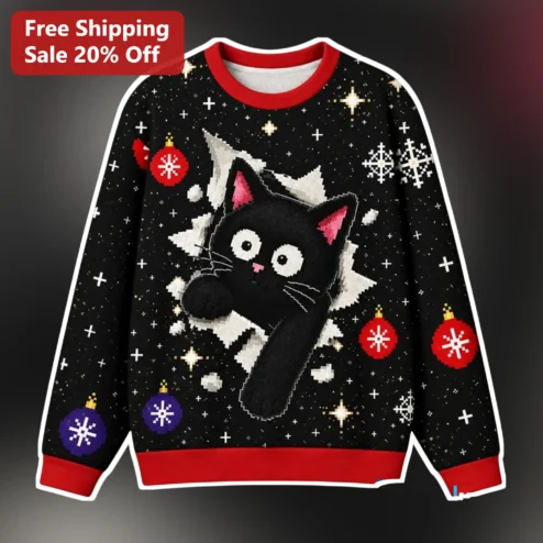 Pixel Art Black Cat Christmas Ugly Sweater Sweatshirt Retro 8-Bit Gaming Holiday Gift for Men Women