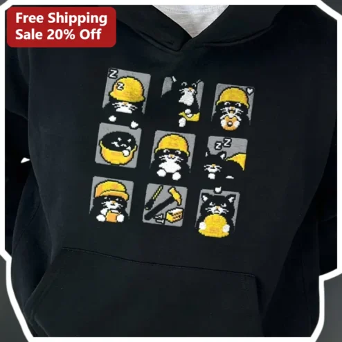 Pixel Art Construction Cat Hoodie Retro Gaming Kawaii Worker Kitty Apparel Gift for Gamers