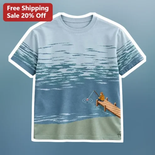 Pixel Art Fishing Dock Tee Retro 8-Bit Angler Gift Shirt for Gamers and Fishermen