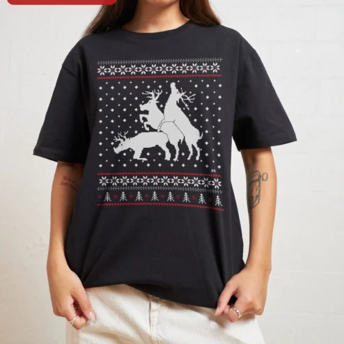Pixel Art Reindeer Mating Ugly Christmas Sweater Tee Retro 8-Bit Holiday Party Gift
