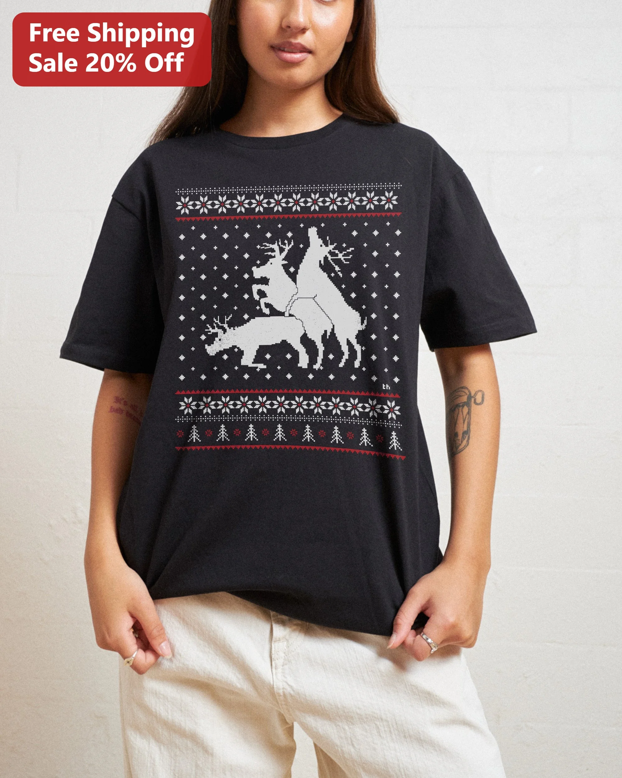 Pixel Art Reindeer Mating Ugly Christmas Sweater Tee Retro 8-Bit Holiday Party Gift