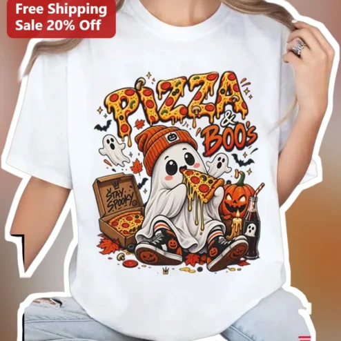 Pizza Boos Stay Spooky Ghost Halloween Tee Cute Cartoon Graphic Shirt Gift for Pizza Lovers