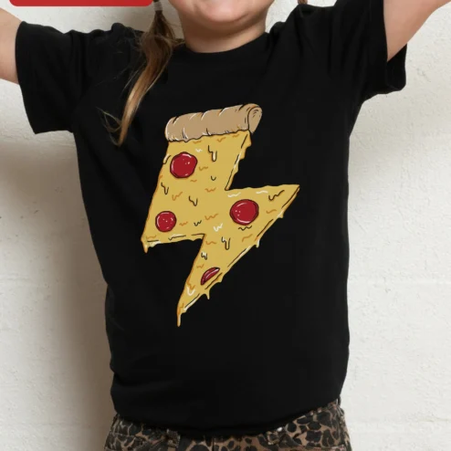 Pizza Lightning Bolt Graphic Tee for Kids Funny Novelty Shirt on a hanger, ready to ship from Chicago, Illinois