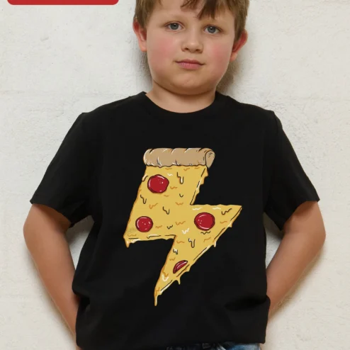 Pizza Lightning Bolt Graphic Tee for Kids Funny Novelty Shirt