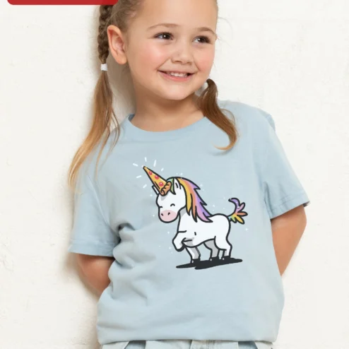 Pizza Unicorn Cartoon Tee Funny Kawaii Graphic T-Shirt for Kids Girls Pizza Lovers Gift on a hanger, ready to ship from Chicago, Illinois