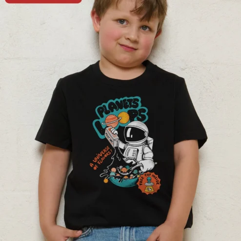 Planets Loops A Universe Of Flavors Free Toy Inside Kids Space Graphic Tee on a hanger, ready to ship from Chicago, Illinois