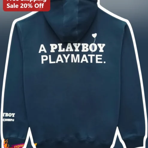 Playboy Playmate Vintage Graphic Pullover Hoodie Navy Blue Streetwear Sweatshirt