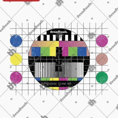 Please Stand By Retro TV Test Pattern Tee Distressed Vintage Broadcast Graphic Shirt on a hanger, ready to ship from Chicago, Illinois