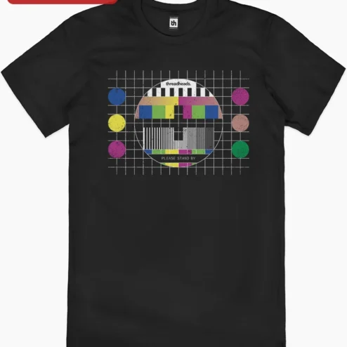 Customer in Chicago, Illinois wearing Please Stand By Retro TV Test Pattern Tee Distressed Vintage Broadcast Graphic Shirt