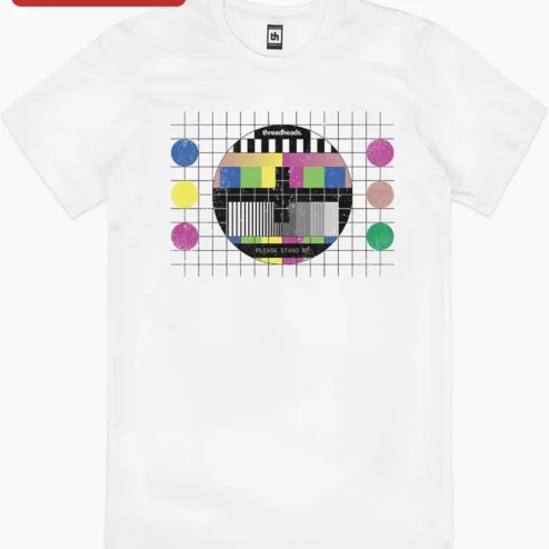 Close-up of Please Stand By Retro TV Test Pattern Tee Distressed Vintage Broadcast Graphic Shirt for streetwear fans in Chicago, Illinois