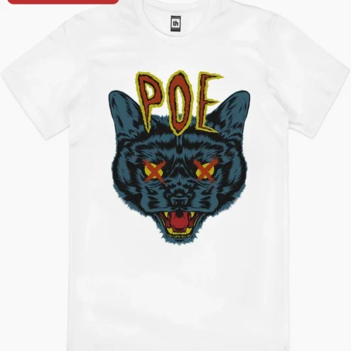 Close-up of POF Tee Evil Cat Graphic T-Shirt for Men Women Grunge Punk Streetwear Apparel for streetwear fans in Chicago, Illinois