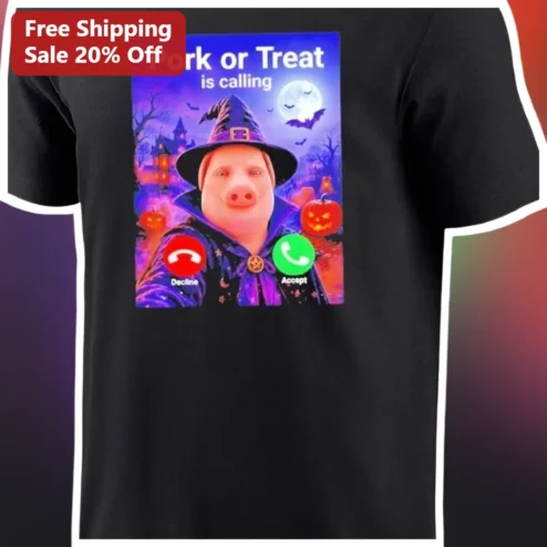 Pork or Treat is Calling Halloween Pig Graphic Tee Funny Animal Lover Gift