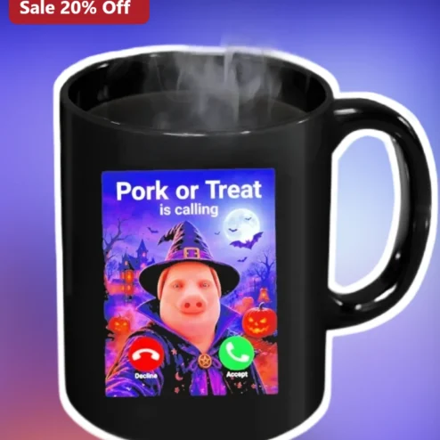 Pork or Treat is Calling Halloween Pig Mug Funny Witch Animal Coffee Cup Gift for Pig Lovers