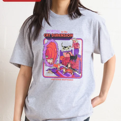 Portal to the Cat Dimension and Other Nightmares Funny Cat Graphic Tee Halloween Horror Shirt on a hanger, ready to ship from Chicago, Illinois