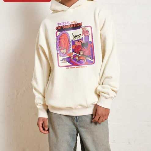 Portal to the Cat Dimension and Other Nightmares Hoodie Surreal Retro Graphic Sweatshirt for Cat Lov on a hanger, ready to ship from Chicago, Illinois