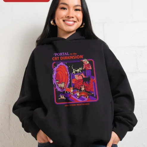 Customer in Chicago, Illinois wearing Portal to the Cat Dimension and Other Nightmares Hoodie Surreal Retro Graphic Sweatshirt for Cat Lov