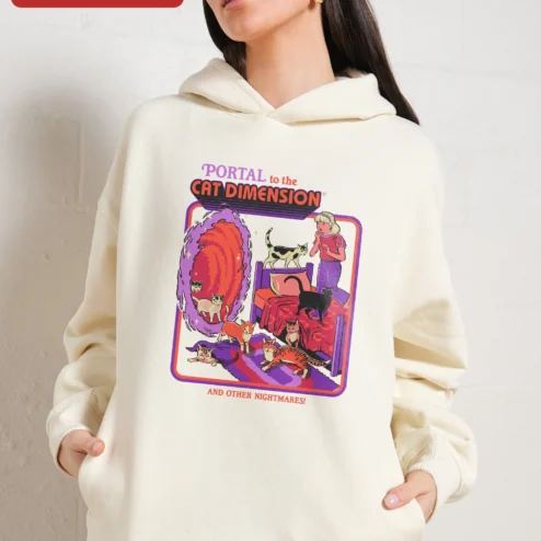 Close-up of Portal to the Cat Dimension and Other Nightmares Hoodie Surreal Retro Graphic Sweatshirt for Cat Lov for streetwear fans in Chicago, Illinois