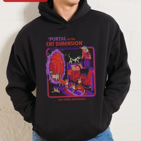 Portal to the Cat Dimension and Other Nightmares Hoodie Surreal Retro Graphic Sweatshirt for Cat Lovers