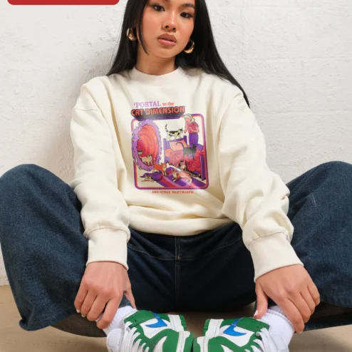 Portal to the Cat Dimension and Other Nightmares Sweatshirt Weirdcore Retro Graphic Apparel Gift for on a hanger, ready to ship from Chicago, Illinois