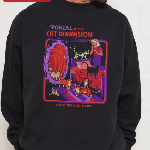 Customer in Chicago, Illinois wearing Portal to the Cat Dimension and Other Nightmares Sweatshirt Weirdcore Retro Graphic Apparel Gift for