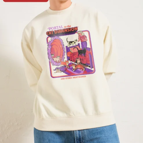 Close-up of Portal to the Cat Dimension and Other Nightmares Sweatshirt Weirdcore Retro Graphic Apparel Gift for for streetwear fans in Chicago, Illinois