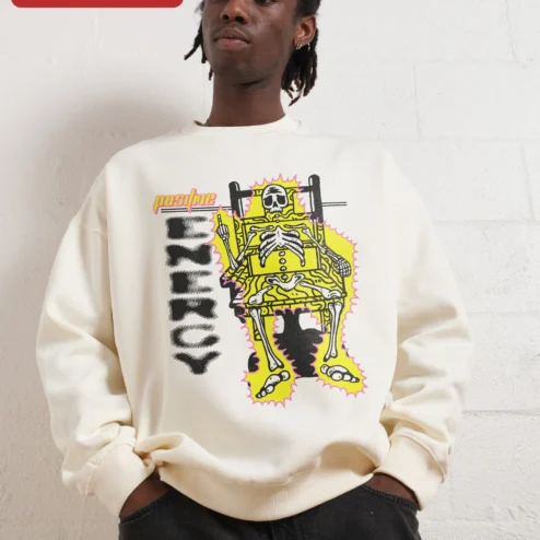 Positive Anarchy Punk Skeleton Sweatshirt Cream Crewneck Grunge Alternative Streetwear Apparel on a hanger, ready to ship from Chicago, Illinois