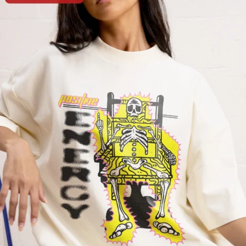 Positive Anarchy Tee Skeleton Electric Chair Graphic T-Shirt Punk Rock Alternative Streetwear Gift f on a hanger, ready to ship from Chicago, Illinois