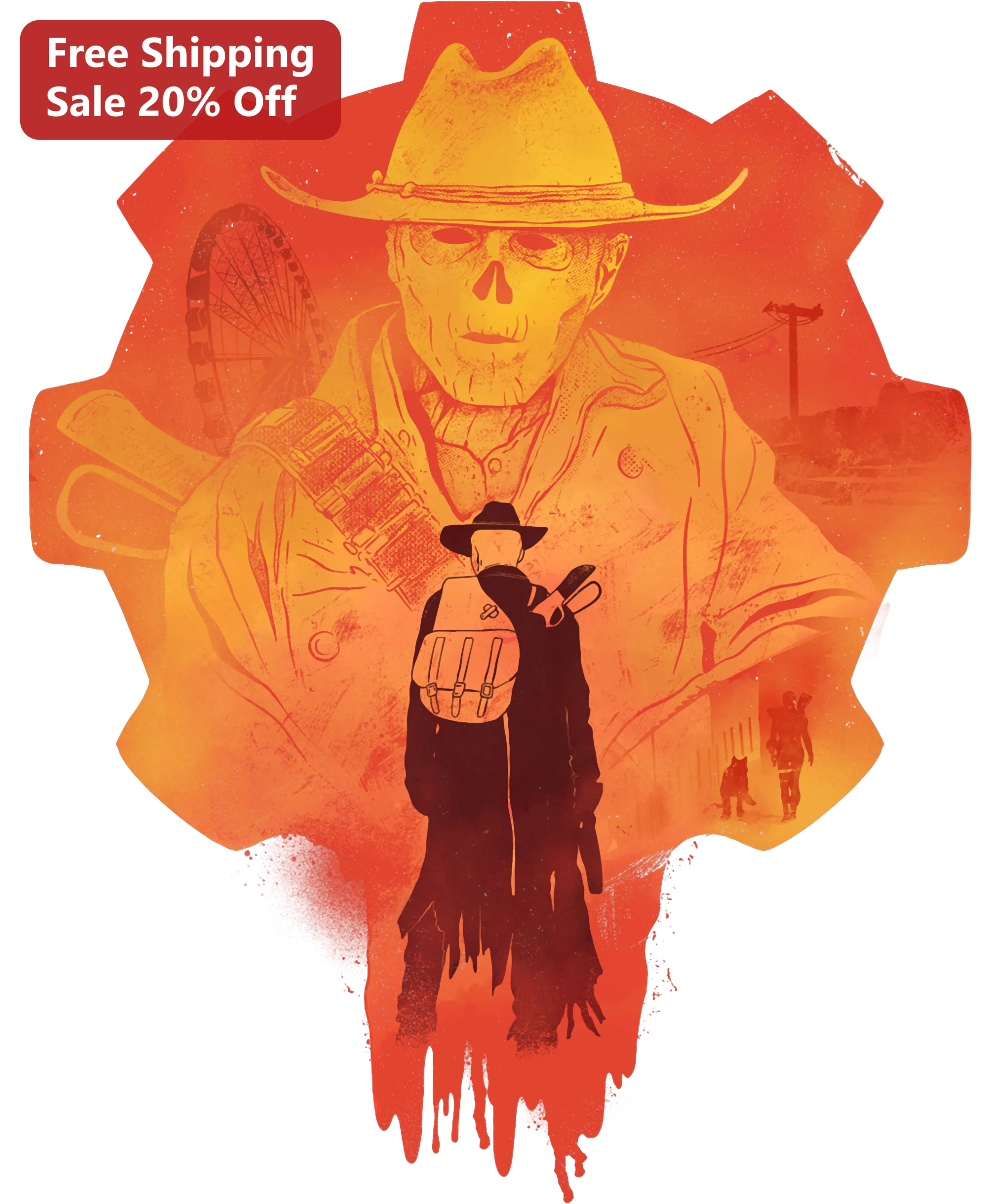 Post-Apocalyptic Western Cowboy Silhouette Art Tee Distressed Gunslinger Desert Punk Graphic Shirt for Gaming Fans
