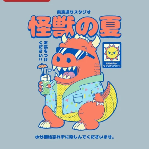 Poster Cute Kaiju Summer Safety Awareness UV Hydration Reminder Vintage Japanese Art Decor