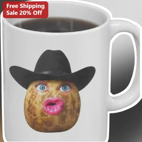 Potato Cowboy Face Mug Funny Meme Ceramic Coffee Cup Novelty Gift for Office Humor