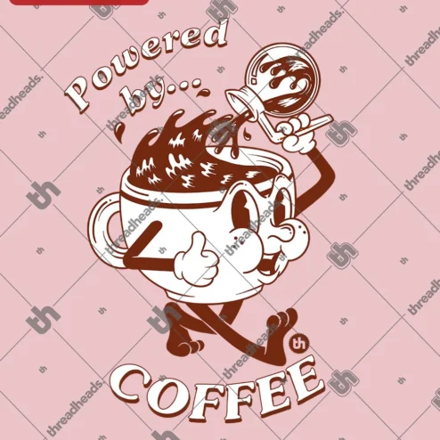 Powered by Coffee Retro Cartoon Mascot Tee Funny Caffeine Addict Gift for Coffee Lovers on a hanger, ready to ship from Chicago, Illinois
