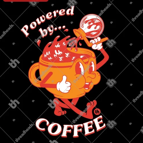 Customer in Chicago, Illinois wearing Powered by Coffee Retro Cartoon Mascot Tee Funny Caffeine Addict Gift for Coffee Lovers