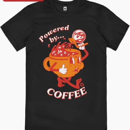 Close-up of Powered by Coffee Retro Cartoon Mascot Tee Funny Caffeine Addict Gift for Coffee Lovers for streetwear fans in Chicago, Illinois