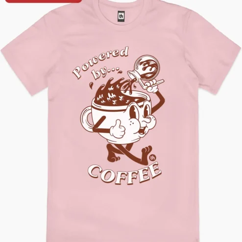 Customer in Chicago, Illinois wearing Powered by Coffee Retro Cartoon Mascot Tee Funny Caffeine Addict Gift for Coffee Lovers