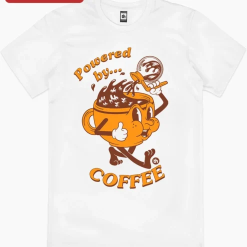 Close-up of Powered by Coffee Retro Cartoon Mascot Tee Funny Caffeine Addict Gift for Coffee Lovers for streetwear fans in Chicago, Illinois