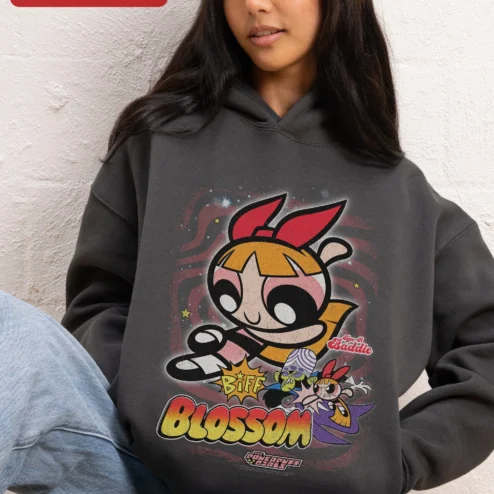 Powerpuff Girls Blossom Hoodie Retro Cartoon Fan Apparel on a hanger, ready to ship from Chicago, Illinois