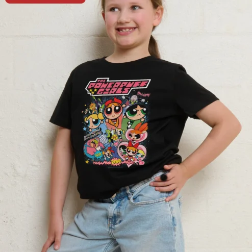 Powerpuff Girls Vintage Comic Book Collage Tee Blossom Bubbles Buttercup Graphic Shirt on a hanger, ready to ship from Chicago, Illinois
