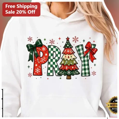 PRAY Hoodie Christmas Candy Cane Buffalo Check Design Religious Holiday Sweatshirt Gift for Christian Women