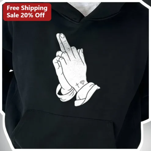 Praying Hands Middle Finger Hoodie Edgy Streetwear Graphic Pullover for Men Women