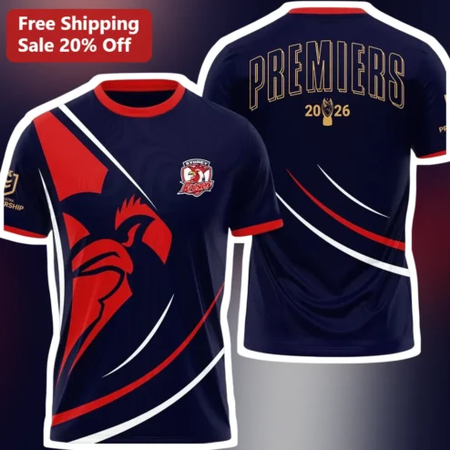 PREMIERS Tee Sydney Roosters NRL Rugby League Fan Apparel Navy Blue Sports Jersey Style Short Sleeve Crew Neck Gift for Men