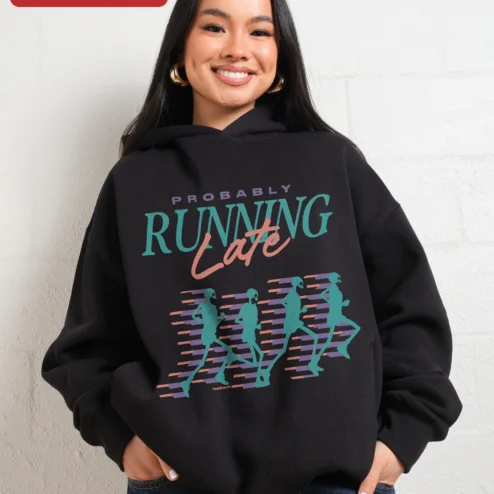 Customer in Chicago, Illinois wearing Probably Running Late Hoodie Funny Skeleton Runner Retro Gym Wear Gift for Men